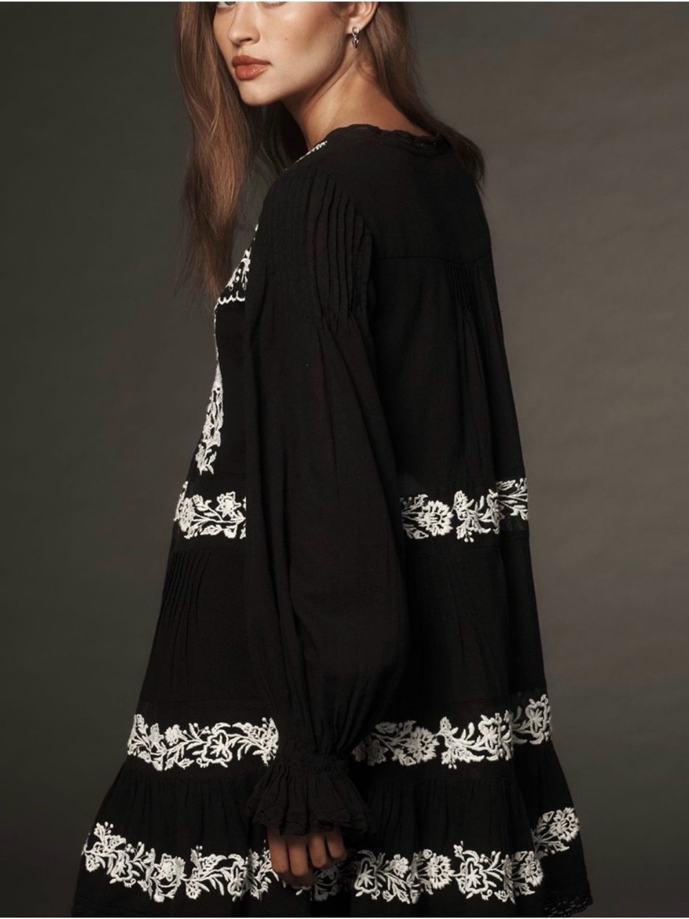 Anthropologie Black Embroidered V-Neck Mini Dress - Picture 3 of 5